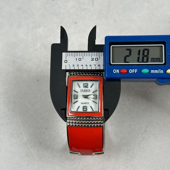 Studio Time Watch Women 21mm Rectangle MOP Dial Red Enamel Cuff Band New Battery - Picture 10 of 11